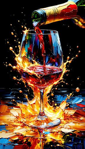 Weinglas zwischen flüssigem Gold, rubinroten Spritzern und des Genusses von Rotwein im Restaurant von AidasignArt
