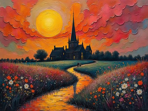 Image colorée d'un paysage avec une église