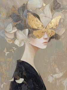 Frau mit goldener Schmetterlingsmaske und Blumen
