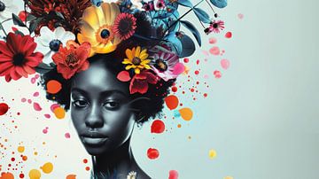 Jonge Afrikaanse vrouw, verweven met bloemen. van New Visuals