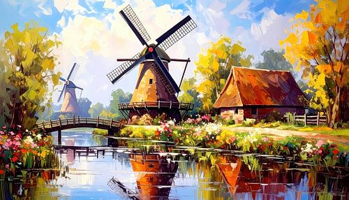 Windmolens in zomerlicht: een tijdloos landschap met een kalme rivier, gebogen houten brug, bloeiende weide en weerspiegelingen in het water