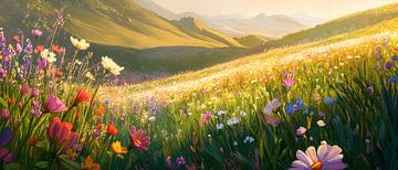 Bloeiend weidelandschap in het ochtendlicht van Poster Art Shop