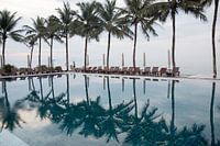 Palm trees reflected in pool
