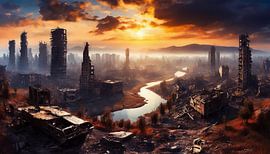 Post-apocalyptisch landschap met een verwoeste stad