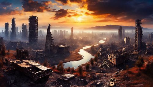 Post-apocalyptic landscape with a destroyed city