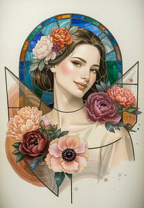 Gemälde einer Jungen Frau mit Blumen im Glasmalerei Stil als Kunstdruck auf Leinwand