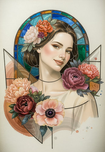 Painting of a young woman with flowers, in a stained-glass style, as an art print on canvas