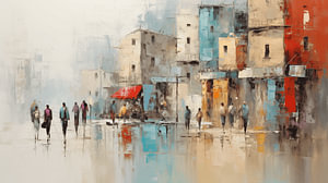 Abstrakte Malerei in der Stadt mit  Einkaufszentrum Leute, Haus, Straßen Farbe, Aquarell-Kunst Design