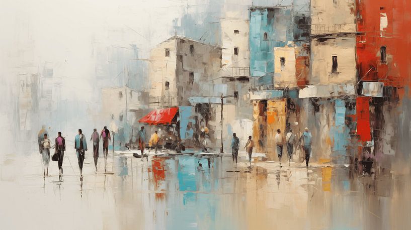 Abstract schilderij in de stad met winkelcentrum mensen, huis, straat kleur, aquarel kunst ontwerp van Animaflora PicsStock