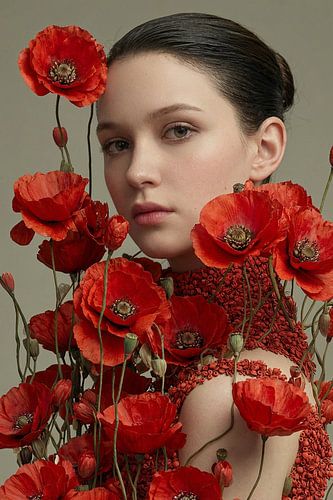 surrealist portrait woman with flowers poppies poppies
