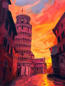 Scheve toren in de zonsondergang van Poster Art Shop