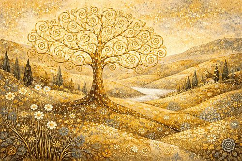 Golden landscape with tree of life by Claudia Gründler