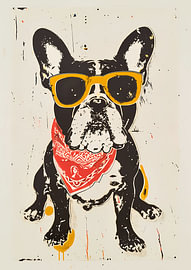 Cool French Bulldog with yellow sunglasses and a red bandana – Pop Art screen-print style by Dave Schloffi