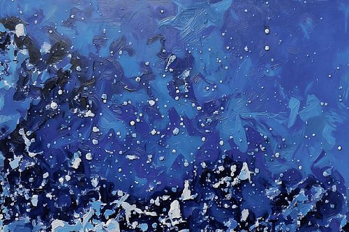 'Splashing Seawater': an abstract oil painting of sea foam against a deep blue background