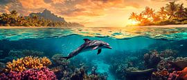 Dolphin swimming over coral reef at sunset by Poster Art Shop