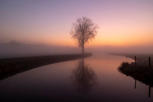 Riviertje in Rhenoy bij opkomende zon en mist