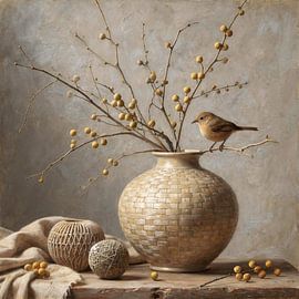 Golden twig – rural still life with a bird and berry-laden branches by Kleurenrijk