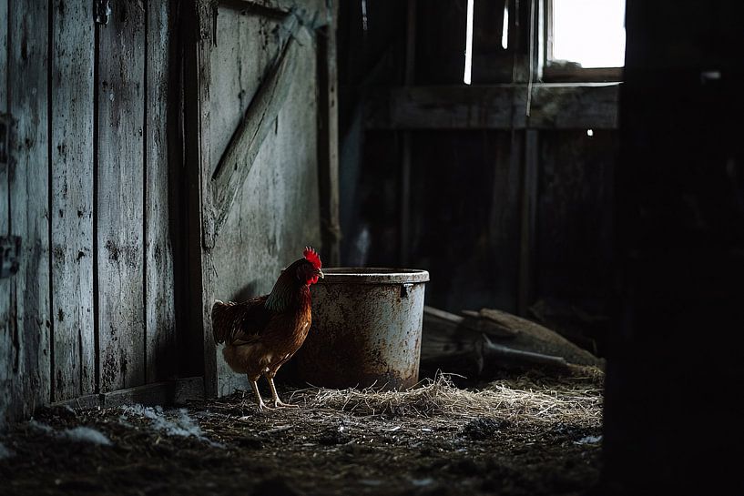 Lone chicken in old barn by Art & Soul Creations