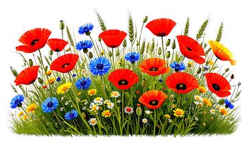 Klaprozen, korenbloemen, granen en wilde grassen