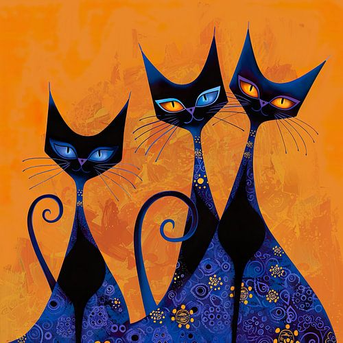 Drie decoratieve, gezellige katten in koningsblauw en oranje