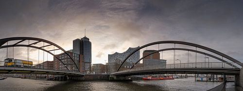Bridge in Hamburg's Speicherstadt warehouse district with a view of the Elbphilharmonie concert hall