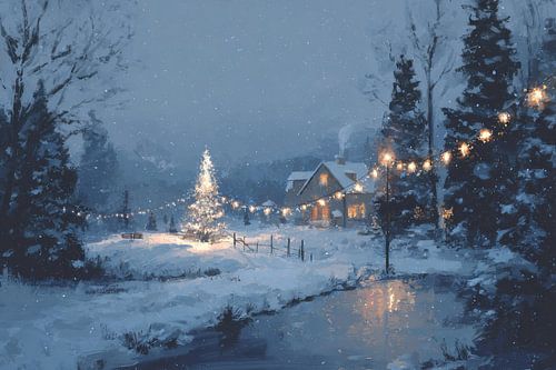 Christmas Tree in Winter Light Magical Landscape at Evening