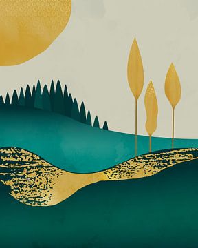 Drie gouden bomen abstract landschap van Tanja Udelhofen
