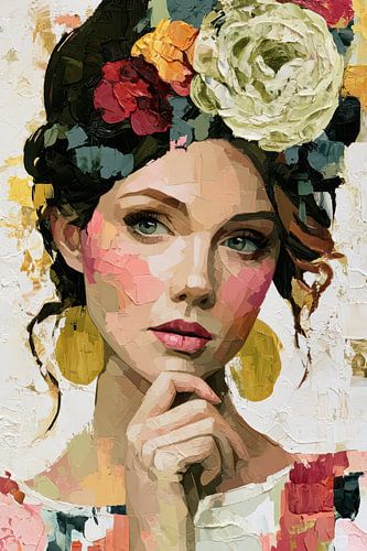 schilderachig portret van fictieve vrouw met bloemen