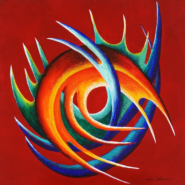 Sculpture dynamique en rouge, bleu, vert et orange par Ine Straver