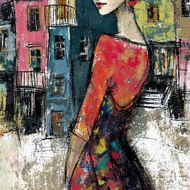 Mount Zion Gemälde | Buntes Dorf, Strahlende Frau von Abstraktes Gemälde