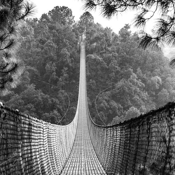 Pont suspendu au Népal en photo noir et blanc. par Ron van der Stappen