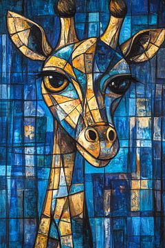Kubistisch giraffe schilderij blauw-geel van Imperial Art House
