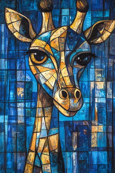 Cubist giraffe painting blue-yellow by Imperial Art House