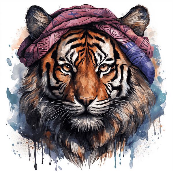 Portret van een tijger aquarel kunstontwerp en kleurrijke hoofddoek van Animaflora PicsStock