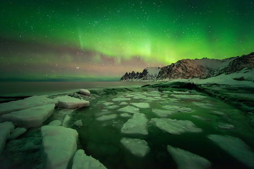 Aurora Borealis over float ice on Tugeneset van Wojciech Kruczynski