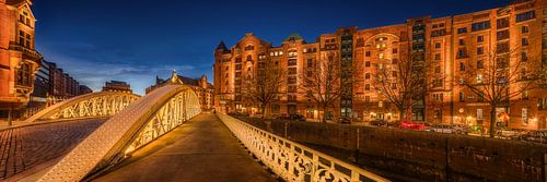 Speicherstadt Hamburg met brug en kantoorgebouwen.