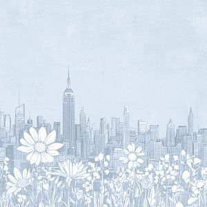 New Yorker Skyline mit Blumen - minimalistische Strichzeichnung auf blauem Leinen