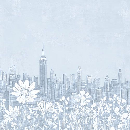 New York skyline with flowers - dessin minimaliste sur toile de lin bleue
