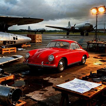 Une Porsche 356 rouge au milieu de l'élégance de l'aviation sur Jan Keteleer