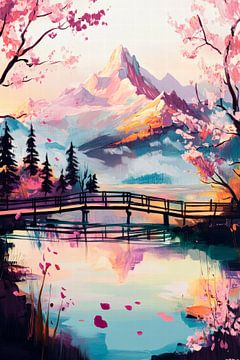 Blühende Landschaft mit Bergreflexion von Poster Art Shop