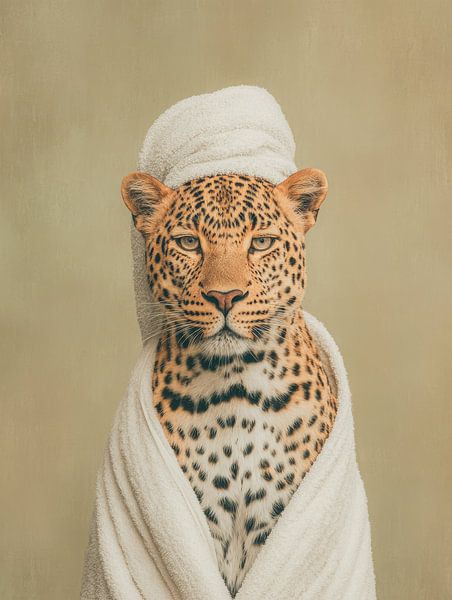 Wellness Panther - Stylish Leopard in Bathrobe and Towel by But First Framing