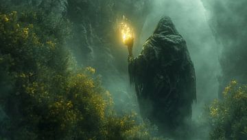 Mystieke wandelaar in de mistige rotsvallei van artefacti