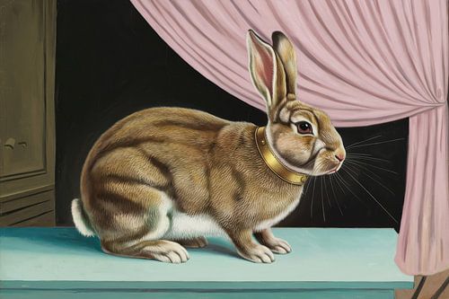 Konijn bij roze gordijn