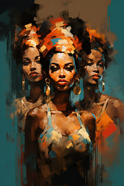 Three African women wearing orange turbans