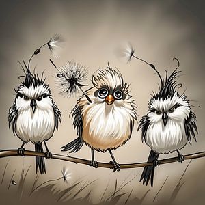 Humorvolle Vögel auf einem Stock | Kichernde Gemälde