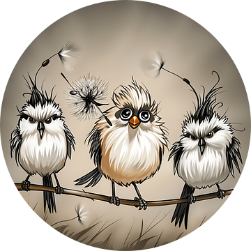 Humoristische Vogels op een stok | Giechelende Schilderijen