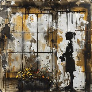 Street-Art Silhouette Mädchen Fenster Blumen urban Graffiti