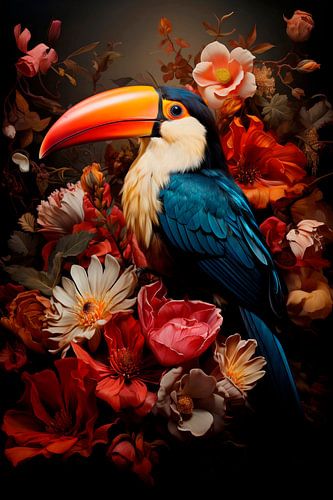 Toucan entre des fleurs, vintage