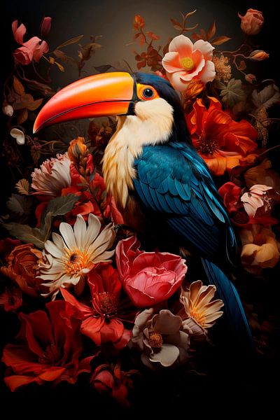 Toucan entre des fleurs, vintage par vanMuis