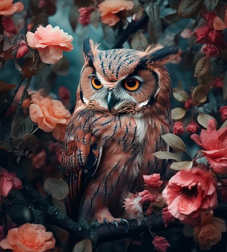 Hibou avec des fleurs de saumon